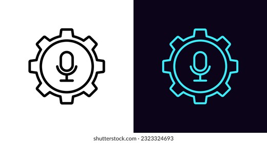 Outline mic settings icon, with editable stroke. Gear wheel with microphone sign, podcast control. Mic adjustment tool, microphone audio setting, mic voice configuration, sound fix. Vector icon