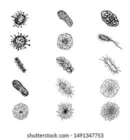 Outline microbes vector set. Isolated black simple line elements collection from a medical concept. Editable vector stroke microbe set. Virus icon collection. Hand drawn illustration. Virus, bacteria.