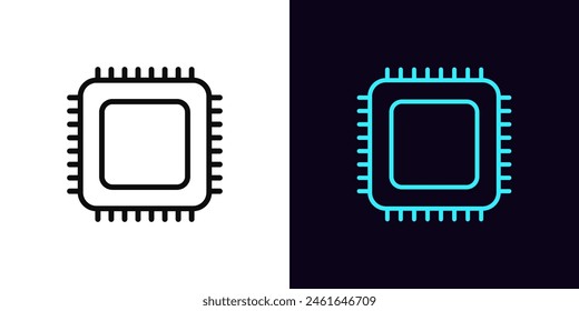 Outline microchip icon, with editable stroke. Computing processor with connections. Computer CPU, smart microprocessor, chip microcircuit, semiconductor component, digital brain chipset. Vector icon