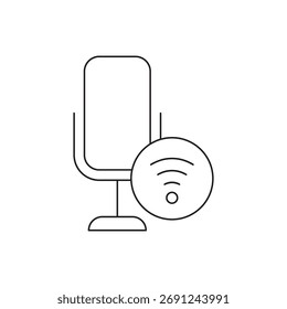 Icono de micrófono de contorno que indica un fallo de conectividad inalámbrica o una señal débil, utilizado para la comunicación digital y las interfaces de App de transmisión.