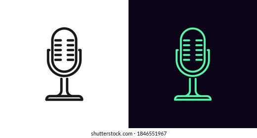 Icono de micrófono de contorno. Signo de micrófono lineal, símbolo de podcast aislado con trazo editable. Dispositivo de grabación y micrófono vocal. Icono del vector, signo, símbolo para diseño de interfaz y gráfico de movimiento