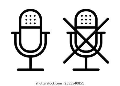 Outline microphone on and mute icon. Template for audio, music or podcast design. Editable stroke. Isolated vector illustration