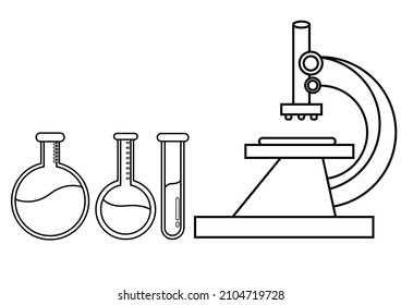 outline of a microscope and test tube, on a chemical theme on a white background