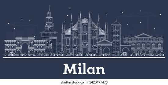 Outline Milan Italy City Skyline with White Buildings. Vector Illustration. Business Travel and Tourism Concept with Historic Architecture. Milan Cityscape with Landmarks.