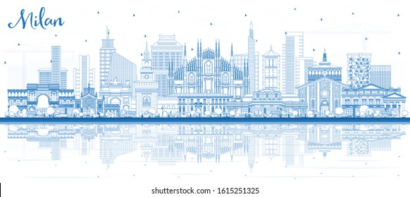 Esbozar el horizonte de la ciudad de Milán Italia con edificios azules y reflexiones. Ilustración vectorial. Concepto de viajes de negocios y turismo con arquitectura histórica. El paisaje urbano de Milán con monumentos.