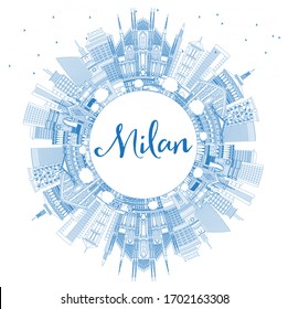 Outline Milan Italy City Skyline with Blue Buildings and Copy Space. Vector Illustration. Business Travel and Concept with Historic Architecture. Milan Cityscape with Landmarks.