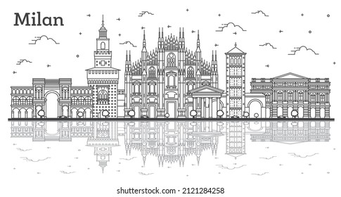 Outline Milan Italy City Skyline with Reflections and Historic Buildings Isolated on White. Vector Illustration. Milan Cityscape with Landmarks.