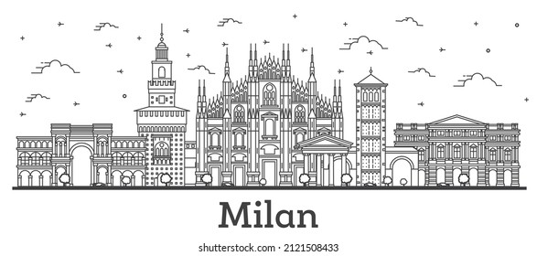 Outline Milan Italy City Skyline with Historic Buildings Isolated on White. Vector Illustration. Milan Cityscape with Landmarks.