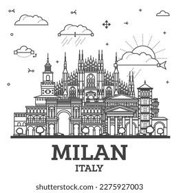 Outline Milan Italy City Skyline with Historic Buildings Isolated on White. Vector Illustration. Milan Cityscape with Landmarks.