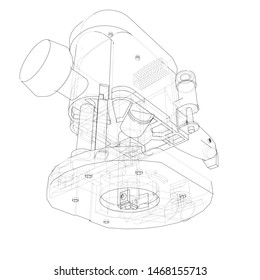 Outline milling machine. Vector image rendered from 3d model in sketch style or drawing. Blue background