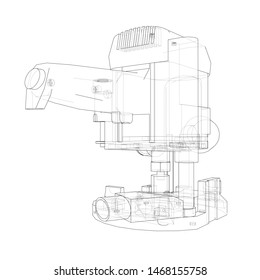 Outline milling machine. Vector image rendered from 3d model in sketch style or drawing. Blue background