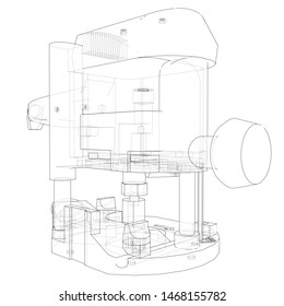Outline milling machine. Vector image rendered from 3d model in sketch style or drawing. Blue background