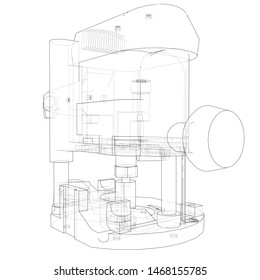 Outline milling machine. Vector image rendered from 3d model in sketch style or drawing. Blue background