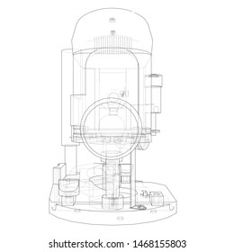 Outline milling machine. Vector image rendered from 3d model in sketch style or drawing. Blue background