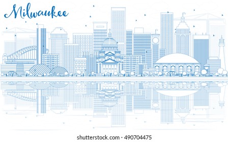 Outline Milwaukee Skyline with Blue Buildings and Reflections. Vector Illustration. Business Travel and Tourism Concept with Modern Architecture. Image for Presentation Banner Placard and Web.