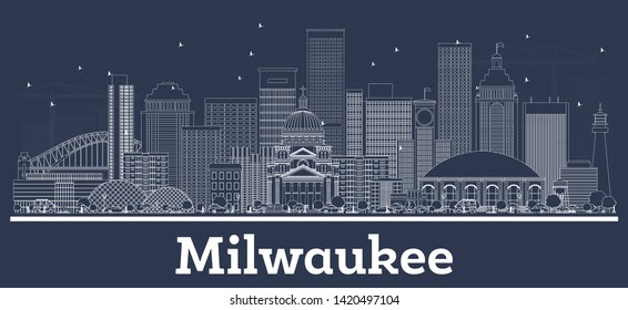 Outline Milwaukee Wisconsin City Skyline with White Buildings. Vector Illustration. Business Travel and Tourism Concept with Modern Architecture. Milwaukee Cityscape with Landmarks.
