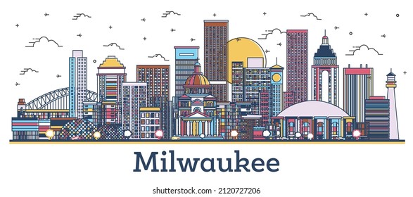 Outline Milwaukee Wisconsin City Skyline with Colored Buildings Isolated on White. Vector Illustration. Milwaukee USA Cityscape with Landmarks.