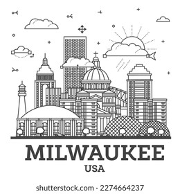 Outline Milwaukee Wisconsin City Skyline with Modern Buildings Isolated on White. Vector Illustration. Milwaukee USA Cityscape with Landmarks.