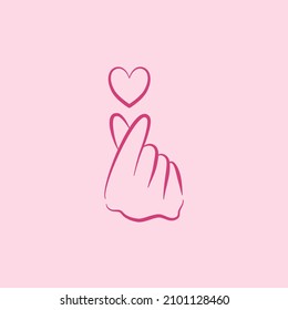 Outline Mini heart fingers hand sign and floating heart on pink background. Happy Valentine’s Day. Love and romantic theme. Vector illustration.