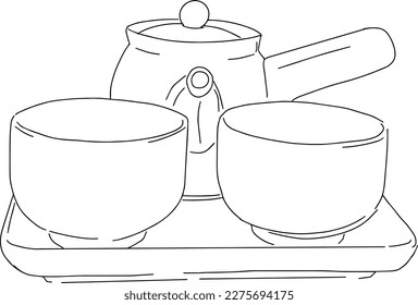 outline minimal sketch of teapot and two cups on a tray