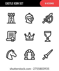 Outline Minimalist Castle Element Icon Set for Medieval Design Style
