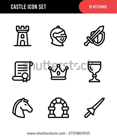 Outline Minimalist Castle Element Icon Set for Medieval Design Style