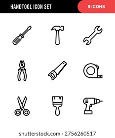 Outline Minimalist Handtool Icon Set with Screwdriver, Hammer, and Wrench Illustration