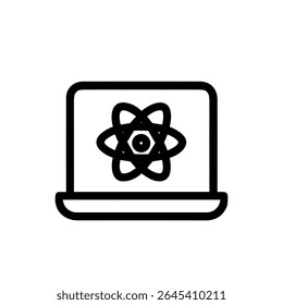 Esboço do computador portátil minimalista com símbolo de átomo para ícone de ciência e tecnologia