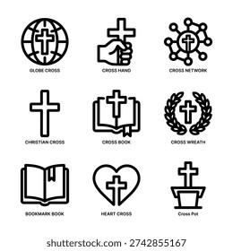 Outline Minimalist Religious Cross Icon Set Symbolic and Elegant Collection