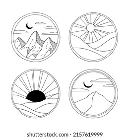 Outline minimalist sunset vector logos. Circle badges with mountain, desert, sea, moon and sun. Spa and travel illustrations. Perfect for brand, identity, stamps, logotypes