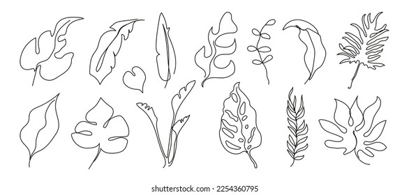 Outline minimalist tropical leaves set. One continuous line art tropic leaf collection. Monstera, banana, philodendron foliage. Vector hand drawn black illustration isolated on white background