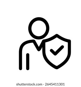 Minimalistische gebruiker omlijnen met het pictogram Schild en Selectieteken met de vorm van het teken