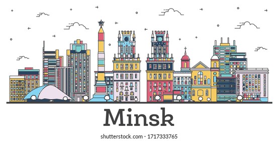 Outline Minsk Belarus City Skyline with Color Buildings Isolated on White. Vector Illustration. Minsk Cityscape with Landmarks.