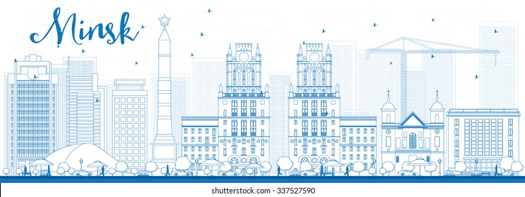 Outline Minsk skyline with blue buildings. Vector illustration. Business travel and tourism concept with modern buildings. Image for presentation, banner, placard and web site.