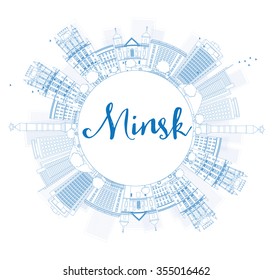 Outline Minsk skyline with blue buildings and copy space. Vector illustration. Business travel and tourism concept with modern buildings. Image for presentation, banner, placard and web site.