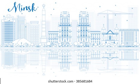 Outline Minsk skyline with blue buildings and reflections. Vector illustration. Business travel and tourism concept with place for text. Image for presentation, banner, placard and web site.