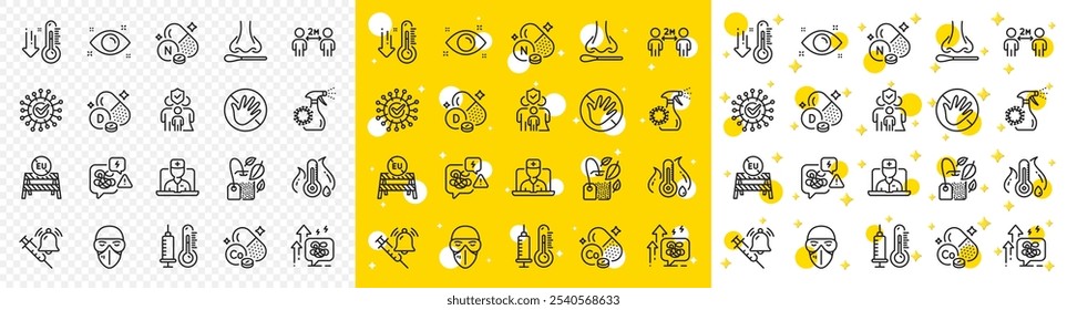 Outline Mint bag, Coronavirus and Stress line icons pack for web with Thermometer, Low thermometer, Social distancing line icon. Nasal test, Stress grows, Cobalt mineral pictogram icon. Vector