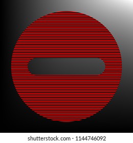 Outline minus sign illustration. Vector. Striped red and black icon at gradient blackish background. Zebra.