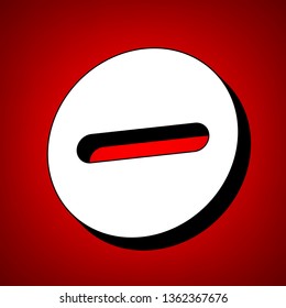 Outline minus sign illustration. Vector. Perspective view of white icon with black outline at reddish background.
