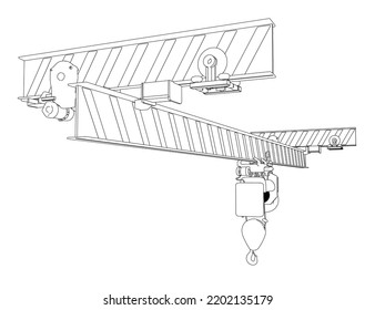 Outline of a mobile crane from black lines isolated on a white background. Perspective view. 3D. Vector illustration.