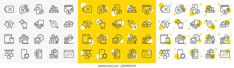 Esbozar dispositivos móviles, Eliminar y puntos de lealtad, empaque iconos de línea para web con mensaje de teléfono, Ruta de entrega, Icono de línea de teléfono médico. Resultados de empleados, Desplazarse hacia abajo. Vector