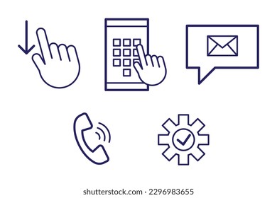 Outline of mobile functions vector illustrations set. Line web icons of message, call, setting, dialing number, swiping down on white background. Smart technology, interface concept