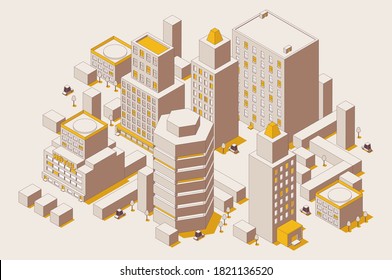 Outline mode isometric city with skyscrapers, trees and cars. Concept scene of business area with yellow and brown colors