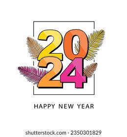 Outline Modern Colors Design for 2024 Happy New Year Creative Card Design. New Year and Christmas Banner Design with Christmas Cypress or Pine Leaves. Outline Sketch with Christmas tree branch. 