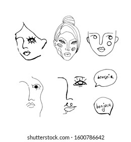 outline modern faces set isolated.Doodle beautiful woman face. International Women's Day. Vector illustration for card, poster, modern design. Feminism concept.