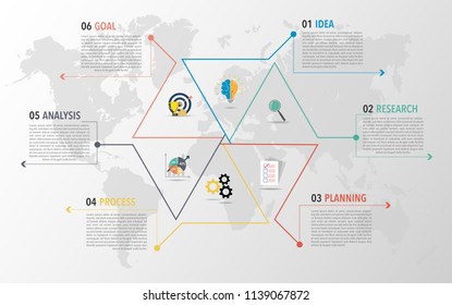 Outline modern Vector of Hexagon Infographic template, Business template for presentation, 6 step options, Illustration, flowchart, Creative infographic Idea concept, including world map, content. 
