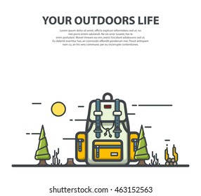 Outline modern white and yellow backpack. Flat vector illustration.