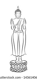 Outline The Monday Buddha image is standing with the right hand raised to shoulder height with the palm out and fingers extended