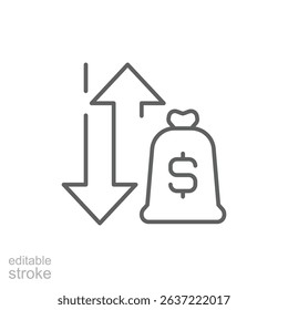 Outline Money Bag with Up Down Arrows Financial Fluctuation Line Art Editable Stroke Price Variation Symbol