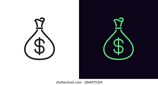 Outline money bag icon. Linear income sign with editable stroke, pouch with dollar. Revenue, money deposit, investment profit, salary bonus. Vector icon, sign, symbol for Interface design